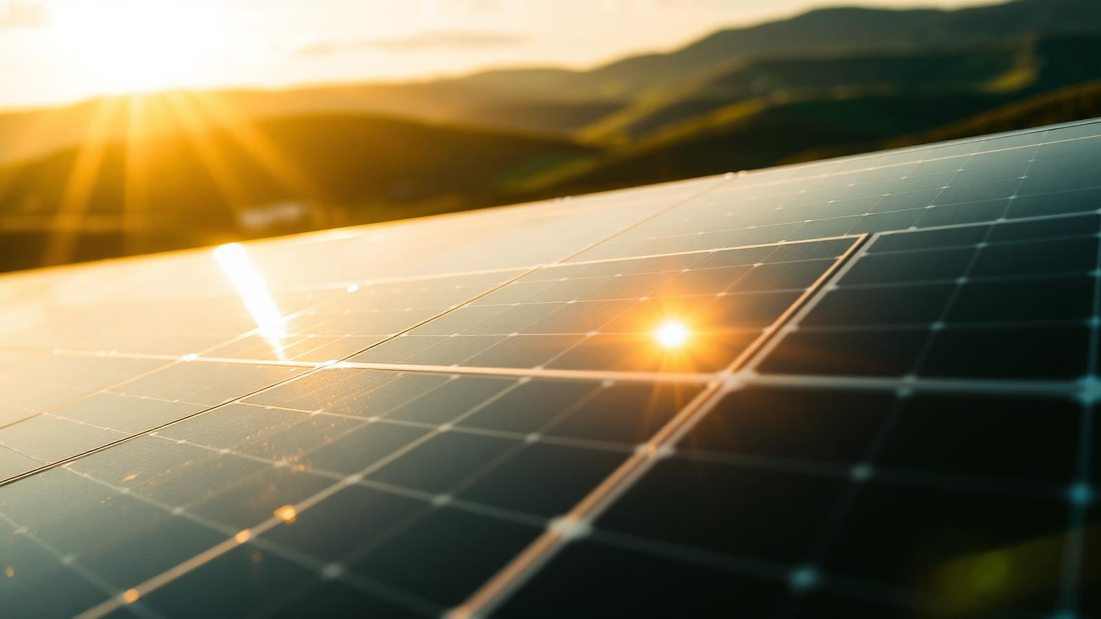 Painéis solares recebendo a luz do fim da tarde