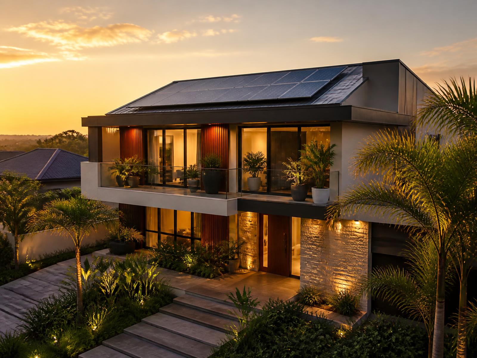 Residência moderna com painéis solares no telhado ao entardecer